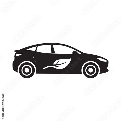 Modern eco friendly car silhouette with leaf emblem on the door representing sustainable transportation and green technology