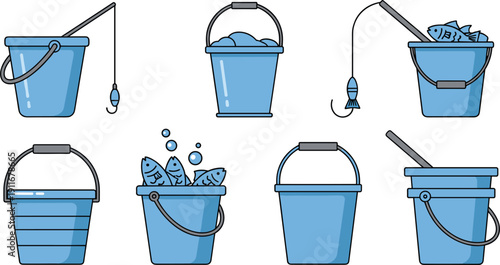 Blue Fishing Bucket Vector Illustration Set Featuring Diverse Plastic Pails with Fishing Rod Hook and Fresh Fish Catch Icons