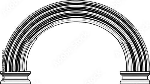 Black and white illustration of an archway with vertical lines, two pillars, and a semi-circular structure