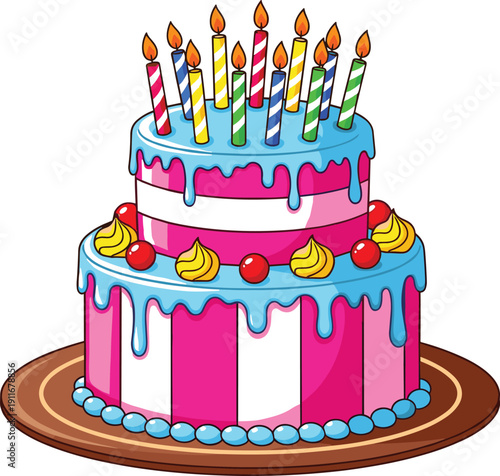 Two- Tiered Cartoon Birthday Cake with Colorful Candles and Frosting Keywords: birthday cake, celebration, party, dessert, sweet