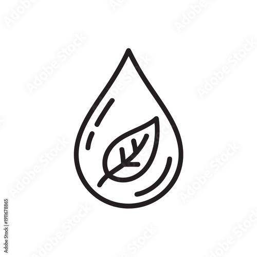 Simple black and white illustration of a water droplet with a leaf inside symbolizing eco-friendliness and sustainability for various environmental and conservation themes perfectly.