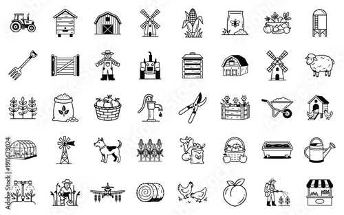 Collection of outline icons featuring farm animals, equipment, tools, and agriculture elements