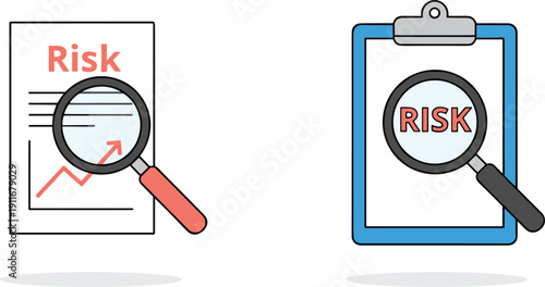 Risk analysis document and clipboard icons with magnifying glass business assessment concept