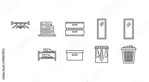 Wardrobe Organization Icons: Hangers, Stacked Clothes, Drawers, Shoes, Mirror, Ties, Laundry Basket