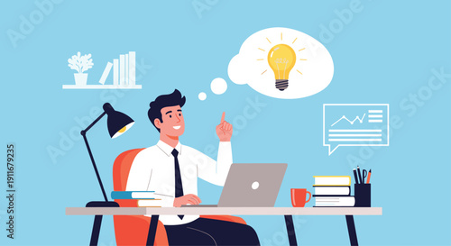 Focused businessman sitting at his desk suddenly gets a creative idea represented by a glowing light bulb in a thought bubble.