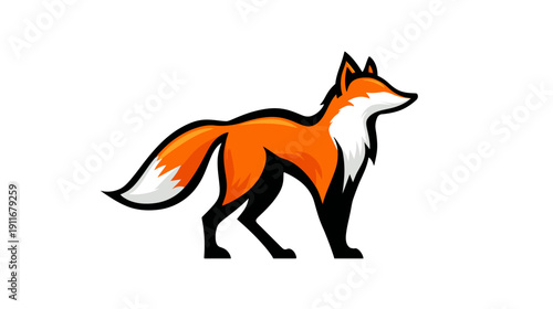 A stylized image of a fox in profile with an orange body, white chest, black legs, and ears