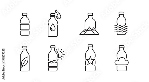 Water Bottle Icons Set: Nature, Health, and Purity Concepts - Stock Line Art