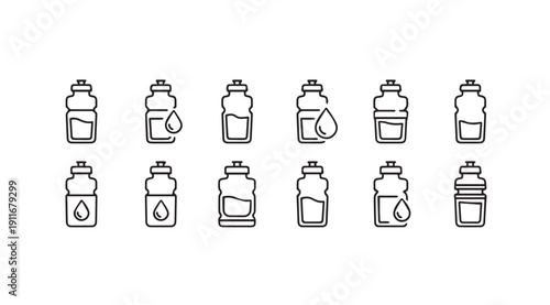 Water Bottle Icons Set, Liquid Droplet Fill Levels, Outline Style