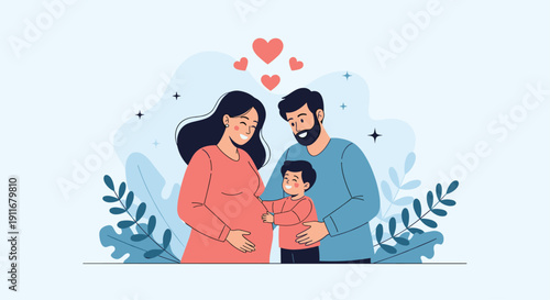 Happy family with a pregnant mother father and young son sharing a tender moment surrounded by floating red hearts.