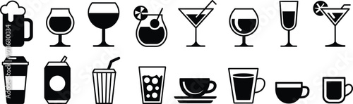 Set of black beverage icons isolated on white background featuring beer, wine, cocktails, coffee and soft drinks, minimalist vector illustration collection