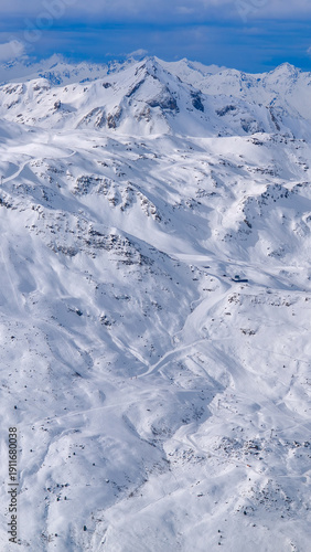 Aerial view of Skiing area of Les Trois Vallees or The 3 Valleys, France