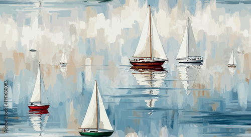 Serene sailboats on calm water with soft impressionistic coastal painting