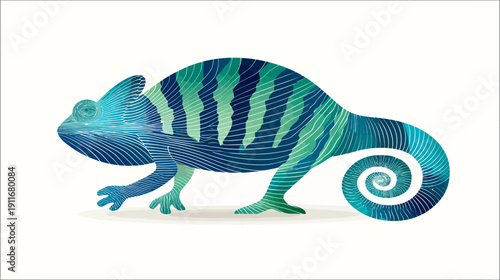 A watercolor-style chameleon illustration in blues and greens, with a curled tail and an intricate, textured design