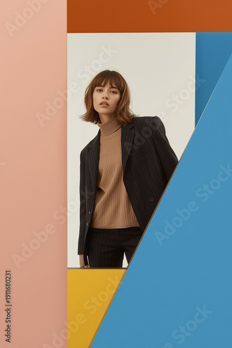 Wallpaper Mural A stylish fashion-focused photo featuring a female model wearing modest layered clothing framed by bold color block shapes in a minimalist setting. The face remains partially hidden Torontodigital.ca