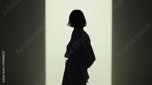 Wallpaper Mural A cinematic silhouette portrait showing a female model in modest clothing standing against soft light, with her face completely hidden by darkness and back view composition. Cropped Torontodigital.ca