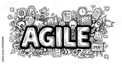 Agile concept illustration with doodles of technology, charts, and mechanics