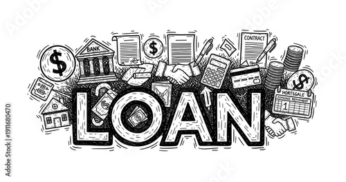 Hand-drawn loan concept with bank, money, and contract icons