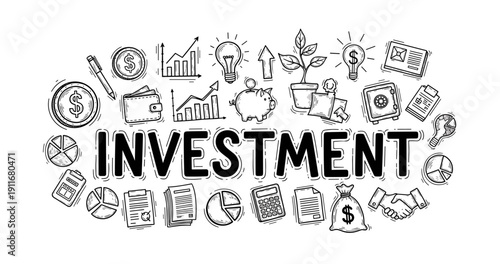 Investment concept with hand-drawn financial icons and symbols