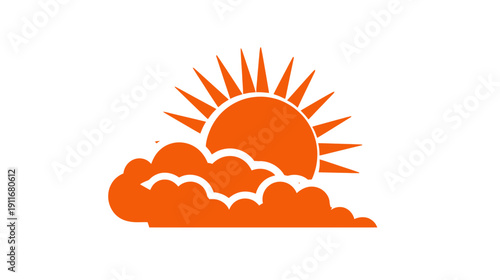 An orange sun bursts from behind fluffy clouds against a white backdrop, simple weather design