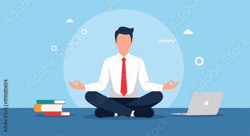Calm businessman meditates in a lotus pose at his office desk with a laptop and books to manage work stress and improve mental focus.