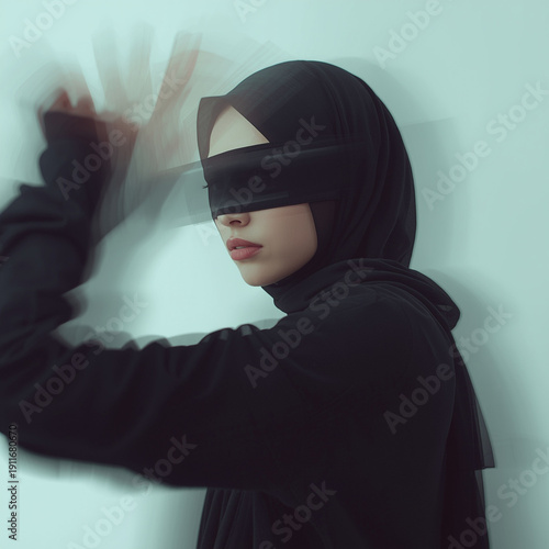 Wallpaper Mural A cinematic fashion portrait capturing a female model wearing modest clothing with her eyes covered, framed from a side angle so her face stays hidden. Gentle glitch overlays and soft Torontodigital.ca