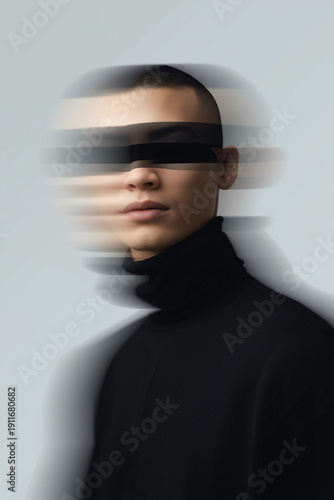 Wallpaper Mural A refined portrait composition showing a male model in modest clothing with his eyes covered and captured in soft motion blur that suggests subtle movement. Light glitch editing appears Torontodigital.ca