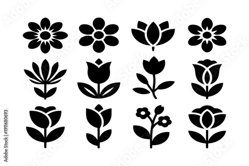 Flower Silhouette Icon Set. Black Floral Symbols Collection with Tulip, Lotus and Daisy Shapes Isolated on White Background. Botanical Vector Illustration.