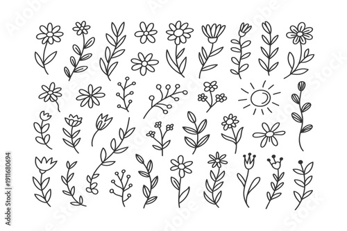 Hand Drawn Botanical Doodle Icon Set with Flowers, Leaves and Floral Branches. Minimal Black Outline Nature Elements Collection Isolated on White Background. Vector Illustration. Editable Stroke.