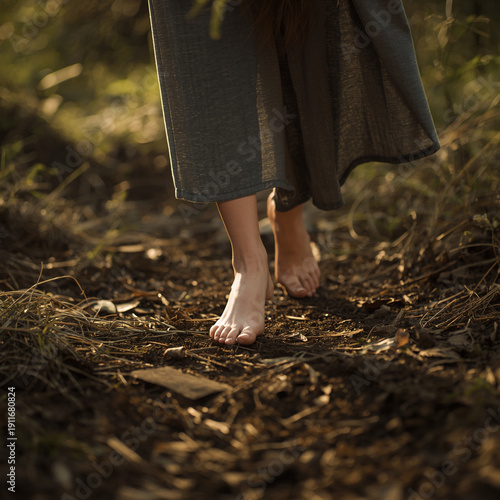 Wallpaper Mural A cinematic scene focusing on a female model?s feet stepping gently across a natural ground surface, with the environment glowing in soft warm light. The face is not visible, and modest Torontodigital.ca