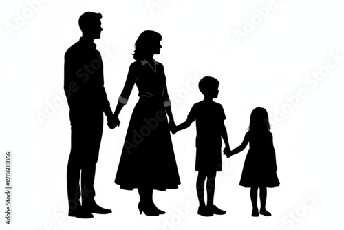 Family silhouette: A touching silhouette of a family, comprising a father, mother, and two children, stands hand in hand, symbolizing love and togetherness.