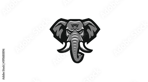 A grayscale, simplified elephant head, facing forward, with an intense expression. White background