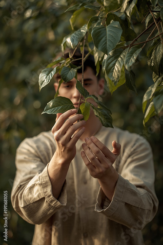 Wallpaper Mural A soft photography setup showing a male model?s hands lightly touching leaves in a calm natural setting, with warm lighting enhancing the peaceful atmosphere. The face remains out of Torontodigital.ca