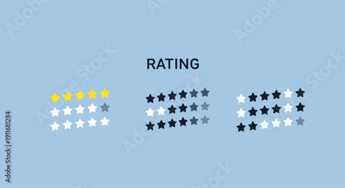 Set of star based rating icons on a light blue background features different levels of customer satisfaction and quality review feedback.