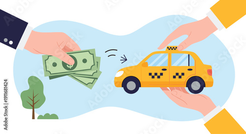 Close up of a hand paying cash to another hand which delivers a small yellow taxi car representing car rental or taxi booking services.