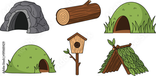 Animal Shelters and Wild Habitat Vector Illustration Set Featuring Cave Log Burrow Nest Birdhouse and Leafy Hut Nature Icons
