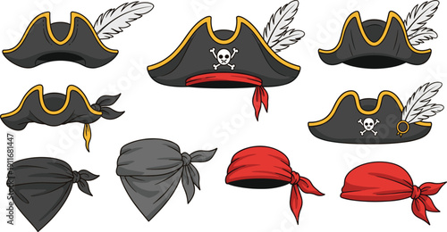Classic Pirate Hat and Bandana Vector Illustration Set Featuring Tricorn Hats with Feathers Skull and Crossbones and Bandanas