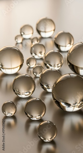Numerous reflective metallic spheres are scattered across a smooth, light-toned surface.