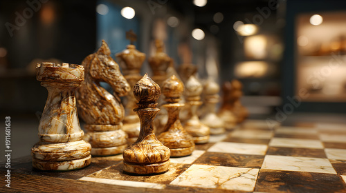 Closeup of Chess Pieces on a Chessboard Ready for Play.