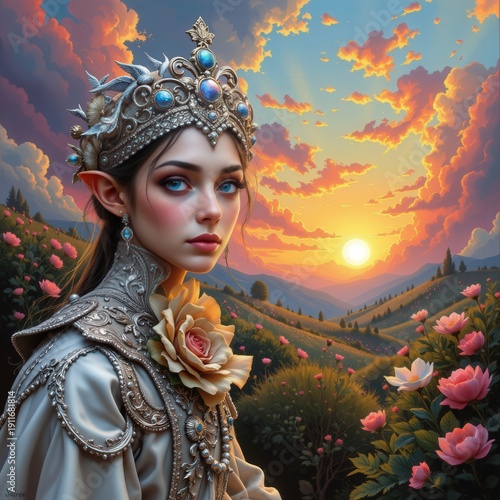 Regal Woman Blooming Landscape Sunset