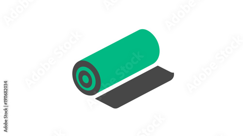 A roll of material is unrolled from a cylinder. The cylinder is green, gray, and black