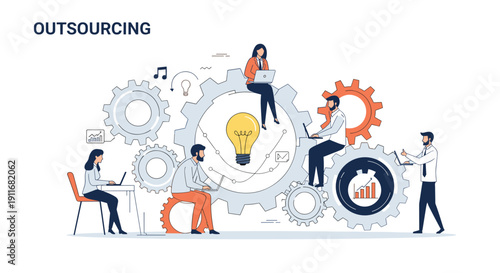 Diverse group of people work together on large interlocking gears with a glowing lightbulb representing outsourcing and creative collaboration.