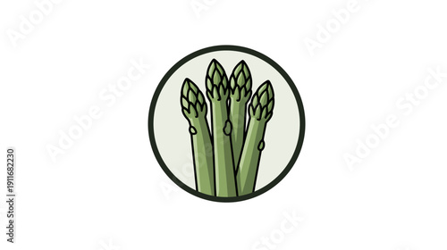 A cartoon illustration of asparagus spears in a circular frame against a white background