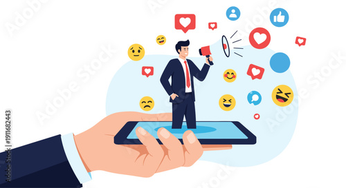 Hand holds a smartphone with a small businessman standing on it using a megaphone surrounded by various social media emoji reactions.