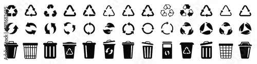 Recycle symbols and trash cans vector icons collection