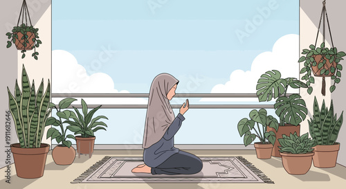 Muslim Woman Praying on Balcony Surrounded by Potted Plants, Peaceful Scene