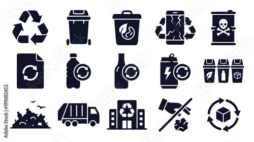 Recycling and waste management icons representing garbage disposal and sustainability efforts