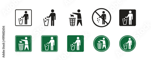 Recycling bin icons person throwing trash outline and silhouette styles