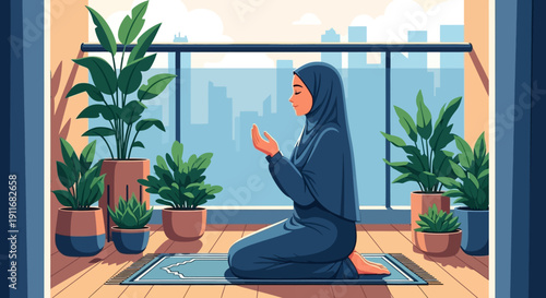 Muslim Woman Praying on Balcony with City View and Potted Plants