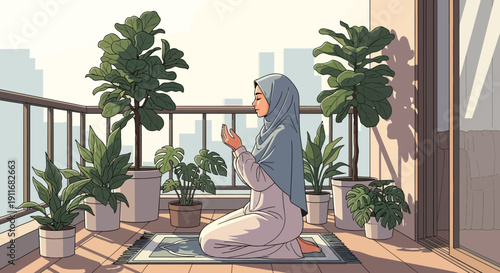 Muslim Woman Praying on Balcony Surrounded by Potted Plants