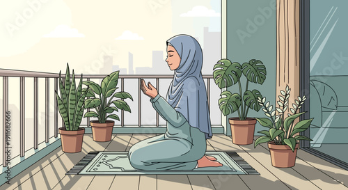 Muslim Woman Praying on Balcony with Plants, Peaceful Islamic Devotion
